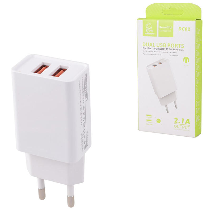 Dual Fast Charger DC02 – 2 USB Ports | 2.1A + QC 3.0 | Ultra-Fast Wall Adapter (White)