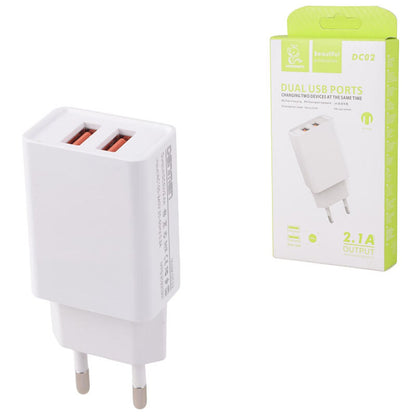 Dual Fast Charger DC02 – 2 USB Ports | 2.1A + QC 3.0 | Ultra-Fast Wall Adapter (White)