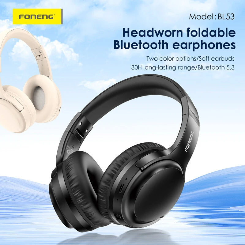 Foneng Folding Headset – 30H Battery Life, Wireless Bluetooth, Foldable Design (Black)