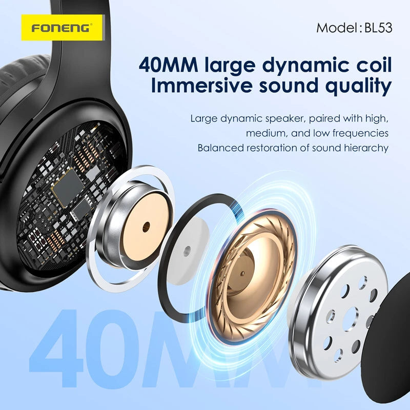 Foneng Folding Headset – 30H Battery Life, Wireless Bluetooth, Foldable Design (Black)