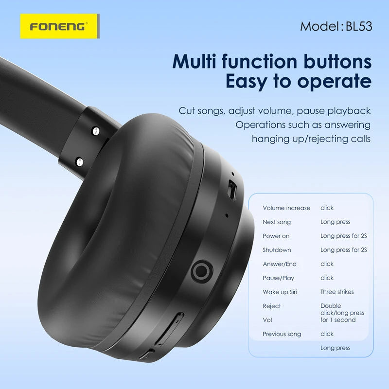 Foneng Folding Headset – 30H Battery Life, Wireless Bluetooth, Foldable Design (Black)